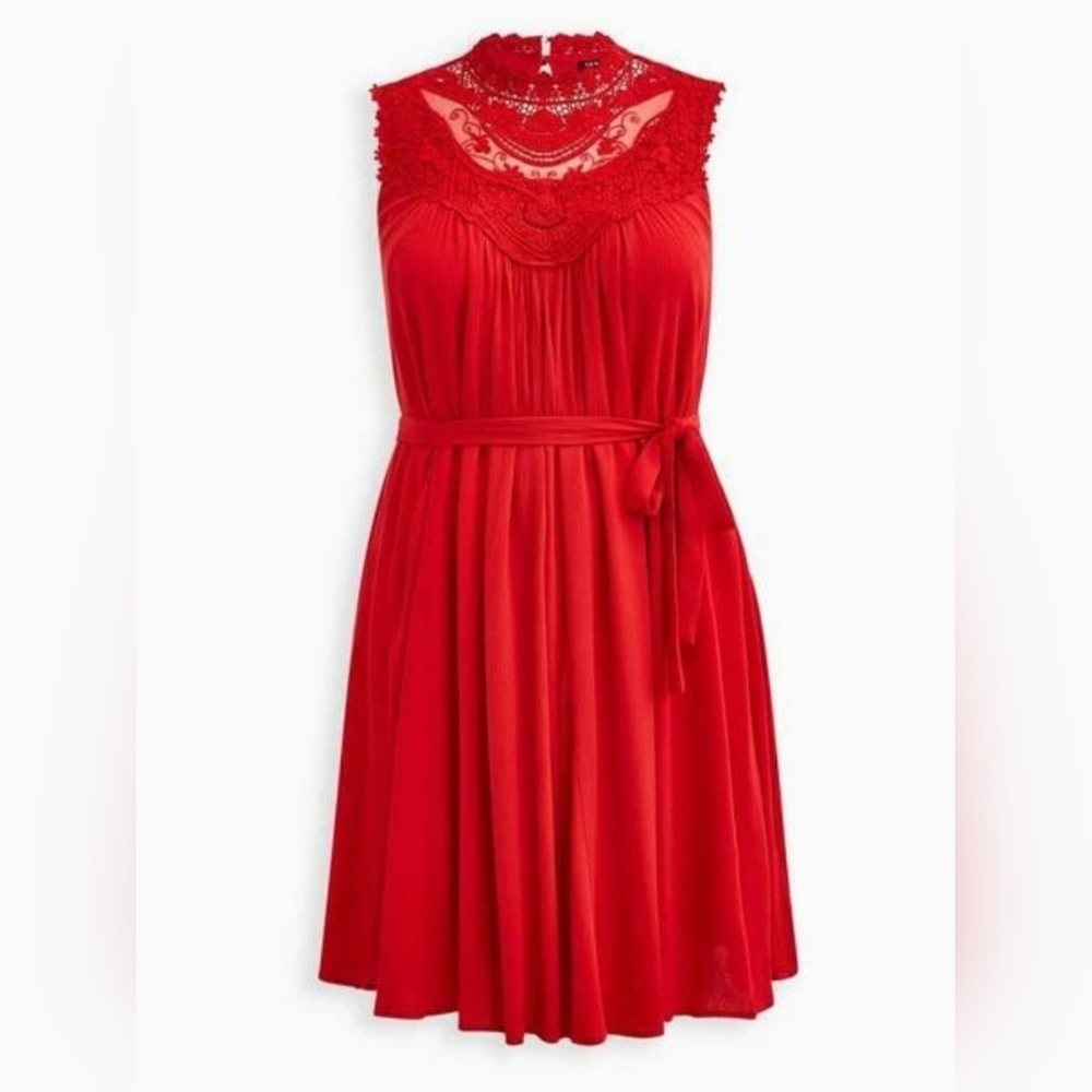Torrid Plus Size Red Sleeveless Crinkle Gauze Crochet Belted Mini Dress 1X NWT